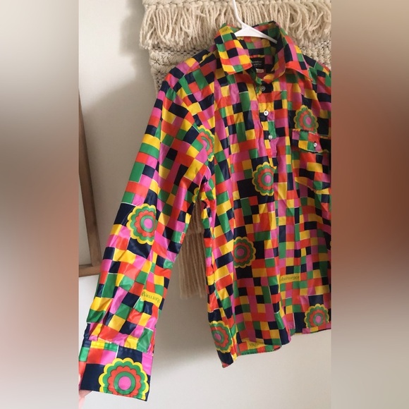 Obermeyer Vintage Wind Shirt Retro Groovy Floral Mod Check Large Rare - Picture 2 of 5